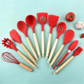 Utensílios De Cozinha De Silicone Com Cabo De Madeira- 12 pçs